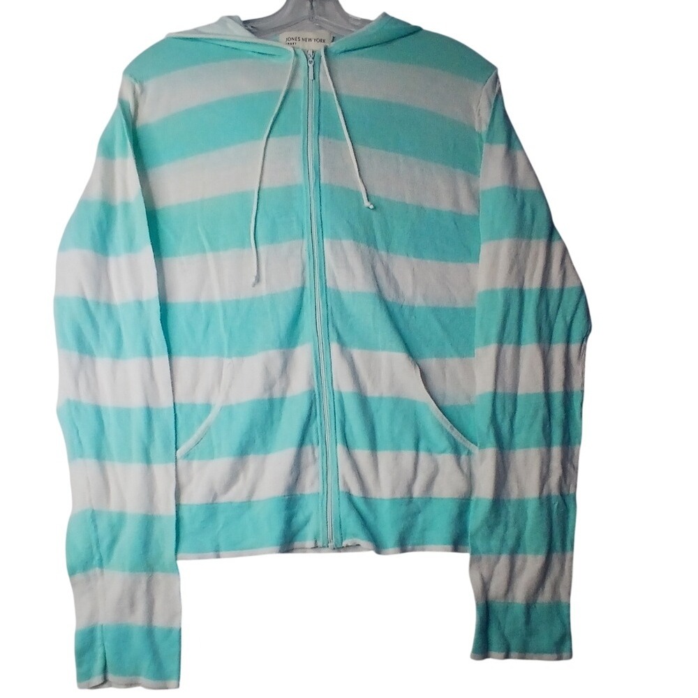 Jones New York Sport Womens XL Turquoise White Striped Full Zip Hoodie‎ Sweater